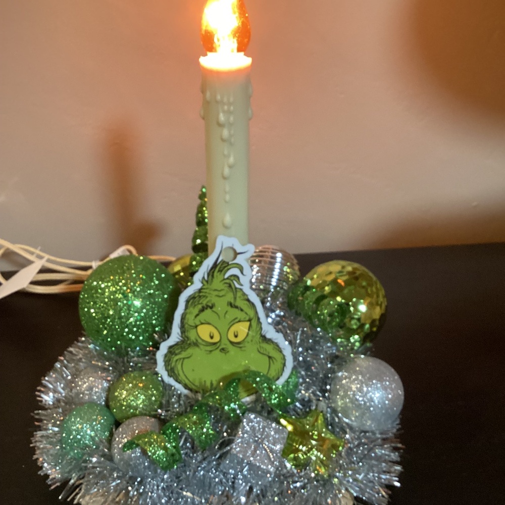 Vintage Electric Light Candolier Christmas Candle. Decorated with The Grinch